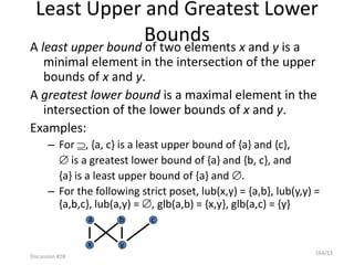 Discussion #28
164/13
Least Upper and Greatest Lower
Bounds
A least upper bound of two elements x and y is a
minimal element in the intersection of the upper
bounds of x and y.
A greatest lower bound is a maximal element in the
intersection of the lower bounds of x and y.
Examples:
– For , {a, c} is a least upper bound of {a} and {c},
 is a greatest lower bound of {a} and {b, c}, and
{a} is a least upper bound of {a} and .
– For the following strict poset, lub(x,y) = {a,b}, lub(y,y) =
{a,b,c}, lub(a,y) = , glb(a,b) = {x,y}, glb(a,c) = {y}
a b
x y
c
 