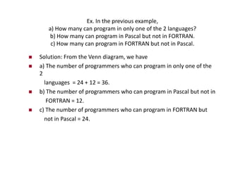 Ex. In the previous example,
a) How many can program in only one of the 2 languages?
b) How many can program in Pascal but not in FORTRAN.
c) How many can program in FORTRAN but not in Pascal.
 Solution: From the Venn diagram, we have
 a) The number of programmers who can program in only one of the
2
languages = 24 + 12 = 36.
 b) The number of programmers who can program in Pascal but not in
FORTRAN = 12.
 c) The number of programmers who can program in FORTRAN but
not in Pascal = 24.
 