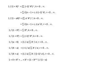 1 / (1 + X)n = ( (–1)r Xk) n, k = 0 .. .
=  C(n – 1 + r, r) (–1)r Xr, r = 0 .. .
1 / (1 – aX)n = ( ar Xk ) n, k = 0 .. .
=  C(n – 1 + r, r) ar Xr, r = 0 .. .
1 / (1 – Xk) =  Xkr, k = 0 .. .
1 / (1 + Xk) =  (–1)r Xkr, k = 0 .. .
1 / (a – X) = (1 / a)  Xr / ar, r = 0 .. .
1 / (X – a) = (–1 / a)  Xr / ar, r = 0 .. .
1 / (X + a) = (1 / a)  Xr / ((–1)r ar), r = 0 .. .
1 + X + X2 + … + Xn = (1 – Xn+1 ) / (1 – x)
 