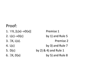 Proof:
1. X, [L(x)D(x)] Premise 1
2. L(c)D(c) by 1) and Rule 5
3. X, L(x). Premise 2
4. L(c) by 3) and Rule 7
5. D(c) by 2) & 4) and Rule 1
6. X, D(x) by 5) and Rule 8
 
