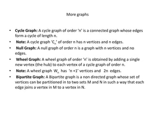More graphs
• Cycle Graph: A cycle graph of order ‘n’ is a connected graph whose edges
form a cycle of length n.
• Note: A cycle graph ‘Cn’ of order n has n vertices and n edges.
• Null Graph: A null graph of order n is a graph with n vertices and no
edges.
• Wheel Graph: A wheel graph of order ‘n’ is obtained by adding a single
new vertex (the hub) to each vertex of a cycle graph of order n.
• Note: A wheel graph Wn has ‘n +1’ vertices and 2n edges.
• Bipartite Graph: A Bipartite graph is a non directed graph whose set of
vertices can be partitioned in to two sets M and N in such a way that each
edge joins a vertex in M to a vertex in N.
 