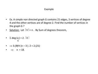Example
• Ex. A simple non directed graph G contains 21 edges, 3 vertices of degree
4 and the other vertices are of degree 2. Find the number of vertices in
the graph G ?
• Solution: Let  V = n . By Sum of degrees theorem,
•  deg (vi) = 2.  E
•  3.(4) + (n – 3 ). 2 = 2.(21)
•  n = 18.
i=1
n
 
