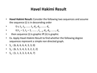Havel Hakimi Result
• Havel Hakimi Result: Consider the following two sequences and assume
the sequence (i) is in descending order
• i) s, t1, t2, ……. ts, d1, d2, …….. dn
• ii) t1 – 1, t2 – 1, ……. , ts – 1, d1, d2, ……., dn
• then sequence (i) is graphic iff (ii) is graphic
• Ex. Apply Havel-Hakimi Result to find whether the following degree
sequences represent a simple non directed graph.
• S1 : {6, 6, 6, 6, 4, 3, 3, 0}
• S2 : {6, 5, 5, 4, 3, 3, 2, 2, 2}
• S2 : {1, 1, 3, 3, 3, 4, 6, 7}
 