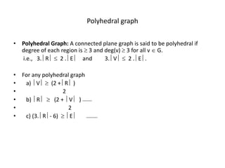 Polyhedral graph
• Polyhedral Graph: A connected plane graph is said to be polyhedral if
degree of each region is  3 and deg(v)  3 for all v  G.
i.e., 3. R   2 . E  and 3. V   2 . E .
• For any polyhedral graph
• a) V   (2 + R  )
• 2
• b) R   (2 + V  )
• 2
• c) (3. R - 6)  E 
 