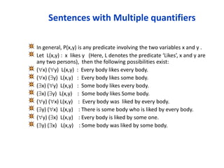 Sentences with Multiple quantifiers
In general, P(x,y) is any predicate involving the two variables x and y .
Let L(x,y) : x likes y (Here, L denotes the predicate ‘Likes’, x and y are
any two persons), then the following possibilities exist:
(x) (y) L(x,y) : Every body likes every body.
(x) (y) L(x,y) : Every body likes some body.
(x) (y) L(x,y) : Some body likes every body.
(x) (y) L(x,y) : Some body likes Some body.
(y) (x) L(x,y) : Every body was liked by every body.
(y) (x) L(x,y) : There is some body who is liked by every body.
(y) (x) L(x,y) : Every body is liked by some one.
(y) (x) L(x,y) : Some body was liked by some body.
 