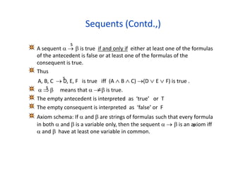 Sequents (Contd.,)
A sequent    is true if and only if either at least one of the formulas
of the antecedent is false or at least one of the formulas of the
consequent is true.
Thus
A, B, C  D, E, F is true iff (A  B  C) (D  E  F) is true .
   means that    is true.
The empty antecedent is interpreted as ‘true’ or T
The empty consequent is interpreted as ‘false’ or F
Axiom schema: If  and  are strings of formulas such that every formula
in both  and  is a variable only, then the sequent    is an axiom iff
 and  have at least one variable in common.
s
s
s s
s
 