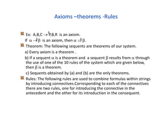 Axioms –theorems -Rules
Ex: A,B,C  P,B,R is an axiom.
If   is an axiom, then   .
Theorem: The following sequents are theorems of our system.
a) Every axiom is a theorem .
b) If a sequent  is a theorem and a sequent  results from  through
the use of one of the 10 rules of the system which are given below,
then  is a theorem.
c) Sequents obtained by (a) and (b) are the only theorems.
Rules: The following rules are used to combine formulas within strings
by introducing connectives.Corresponding to each of the connectives
there are two rules, one for introducing the connective in the
antecedent and the other for its introduction in the consequent.
s s
s
 