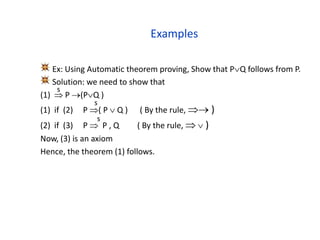 Examples
Ex: Using Automatic theorem proving, Show that PQ follows from P.
Solution: we need to show that
(1)  P (PQ )
(1) if (2) P ( P  Q ) ( By the rule,  )
(2) if (3) P  P , Q ( By the rule,   )
Now, (3) is an axiom
Hence, the theorem (1) follows.
s
s
s
 