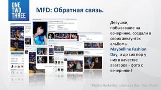 MFD: Обратная связь.
                       Девушки,
                       побывавшие на
                       вечеринке, создали в
                       своих аккаунтах
                       альбомы
                       Maybelline Fashion
                       Day, и до сих пор у
                       них в качестве
                       аватаров - фото с
                       вечеринки!
 