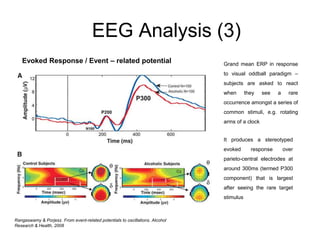 EEG Analysis (3)
Evoked Response / Event – related potential Grand mean ERP in response
to visual oddball paradigm –
subjects are asked to react
when they see a rare
occurrence amongst a series of
common stimuli, e.g. rotating
arms of a clock
It produces a stereotyped
evoked response over
parieto-central electrodes at
around 300ms (termed P300
component) that is largest
after seeing the rare target
stimulus
Rangaswamy & Porjesz. From event-related potentials to oscillations. Alcohol
Research & Health, 2008
 
