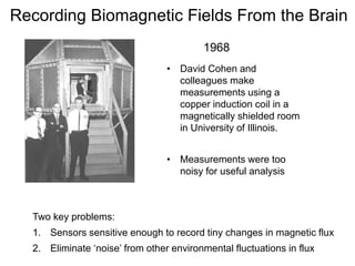 Recording Biomagnetic Fields From the Brain
• David Cohen and
colleagues make
measurements using a
copper induction coil in a
magnetically shielded room
in University of Illinois.
• Measurements were too
noisy for useful analysis
1968
Two key problems:
1. Sensors sensitive enough to record tiny changes in magnetic flux
2. Eliminate ‘noise’ from other environmental fluctuations in flux
 