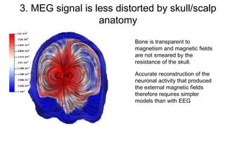 Bone is transparent to
magnetism and magnetic fields
are not smeared by the
resistance of the skull.
Accurate reconstruction of the
neuronal activity that produced
the external magnetic fields
therefore requires simpler
models than with EEG
3. MEG signal is less distorted by skull/scalp
anatomy
 