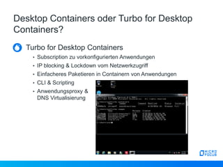 Turbo for Desktop Containers
• Subscription zu vorkonfigurierten Anwendungen
• IP blocking & Lockdown vom Netzwerkzugriff
...