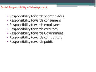 Social Responsibility of Management
• Responsibility towards shareholders
• Responsibility towards consumers
• Responsibility towards employees
• Responsibility towards creditors
• Responsibility towards Government
• Responsibility towards competitors
• Responsibility towards public
 