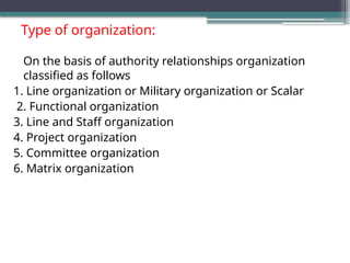 Type of organization:
On the basis of authority relationships organization
classified as follows
1. Line organization or Military organization or Scalar
2. Functional organization
3. Line and Staff organization
4. Project organization
5. Committee organization
6. Matrix organization
 