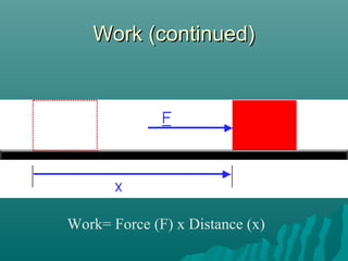 Work (continued)




Work= Force (F) x Distance (x)
 
