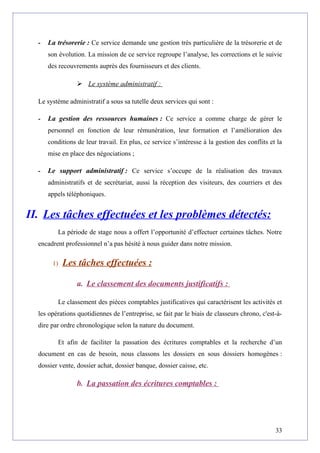 - La trésorerie : Ce service demande une gestion très particulière de la trésorerie et de
son évolution. La mission de ce service regroupe l’analyse, les corrections et le suivie
des recouvrements auprès des fournisseurs et des clients.
 Le système administratif :
Le système administratif a sous sa tutelle deux services qui sont :
- La gestion des ressources humaines : Ce service a comme charge de gérer le
personnel en fonction de leur rémunération, leur formation et l’amélioration des
conditions de leur travail. En plus, ce service s’intéresse à la gestion des conflits et la
mise en place des négociations ;
- Le support administratif : Ce service s’occupe de la réalisation des travaux
administratifs et de secrétariat, aussi la réception des visiteurs, des courriers et des
appels téléphoniques.
II. Les tâches effectuées et les problèmes détectés:
La période de stage nous a offert l’opportunité d’effectuer certaines tâches. Notre
encadrent professionnel n’a pas hésité à nous guider dans notre mission.
1) Les tâches effectuées :
a. Le classement des documents justificatifs :
Le classement des pièces comptables justificatives qui caractérisent les activités et
les opérations quotidiennes de l’entreprise, se fait par le biais de classeurs chrono, c'est-à-
dire par ordre chronologique selon la nature du document.
Et afin de faciliter la passation des écritures comptables et la recherche d’un
document en cas de besoin, nous classons les dossiers en sous dossiers homogènes :
dossier vente, dossier achat, dossier banque, dossier caisse, etc.
b. La passation des écritures comptables :
33
 