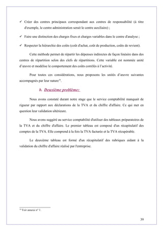  Créer des centres principaux correspondant aux centres de responsabilité (à titre
d'exemple, le centre administration serait le centre auxiliaire) ;
 Faire une distinction des charges fixes et charges variables dans le centre d'analyse ;
 Respecter la hiérarchie des coûts (coût d'achat, coût de production, coûts de revient).
Cette méthode permet de répartir les dépenses indirectes de façon linéaire dans des
centres de répartition selon des clefs de répartitions. Cette variable est nommée unité
d’œuvre et modélise le comportement des coûts corrélés à l’activité.
Pour toutes ces considérations, nous proposons les unités d’œuvre suivantes
accompagnés par leur nature16
.
b. Deuxième problème:
Nous avons constaté durant notre stage que le service comptabilité manquait de
rigueur par rapport aux déclarations de la TVA et du chiffre d'affaire. Ce qui met en
question leur validation ultérieure.
Nous avons suggéré au service comptabilité d'utiliser des tableaux préparatoires de
la TVA et du chiffre d'affaire. Le premier tableau est composé d'un récapitulatif des
comptes de la TVA. Elle comprend à la fois la TVA facturée et la TVA récupérable.
Le deuxième tableau est formé d'un récapitulatif des rubriques aidant à la
validation du chiffre d'affaire réalisé par l'entreprise.
16
Voir annexe n° 1.
39
 