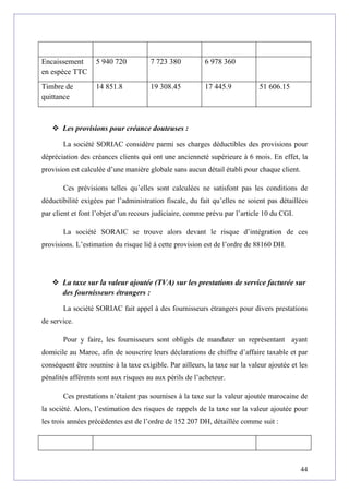 Encaissement
en espèce TTC
5 940 720 7 723 380 6 978 360
Timbre de
quittance
14 851.8 19 308.45 17 445.9 51 606.15
 Les provisions pour créance douteuses :
La société SORIAC considère parmi ses charges déductibles des provisions pour
dépréciation des créances clients qui ont une ancienneté supérieure à 6 mois. En effet, la
provision est calculée d’une manière globale sans aucun détail établi pour chaque client.
Ces prévisions telles qu’elles sont calculées ne satisfont pas les conditions de
déductibilité exigées par l’administration fiscale, du fait qu’elles ne soient pas détaillées
par client et font l’objet d’un recours judiciaire, comme prévu par l’article 10 du CGI.
La société SORAIC se trouve alors devant le risque d’intégration de ces
provisions. L’estimation du risque lié à cette provision est de l’ordre de 88160 DH.
 La taxe sur la valeur ajoutée (TVA) sur les prestations de service facturée sur
des fournisseurs étrangers :
La société SORIAC fait appel à des fournisseurs étrangers pour divers prestations
de service.
Pour y faire, les fournisseurs sont obligés de mandater un représentant ayant
domicile au Maroc, afin de souscrire leurs déclarations de chiffre d’affaire taxable et par
conséquent être soumise à la taxe exigible. Par ailleurs, la taxe sur la valeur ajoutée et les
pénalités afférents sont aux risques au aux périls de l’acheteur.
Ces prestations n’étaient pas soumises à la taxe sur la valeur ajoutée marocaine de
la société. Alors, l’estimation des risques de rappels de la taxe sur la valeur ajoutée pour
les trois années précédentes est de l’ordre de 152 207 DH, détaillée comme suit :
44
 