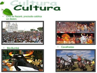 •   Círio de Nazaré, procissão católica
    em Belém.




•   Boi-Bumbá                             •   Cavalhadas
 