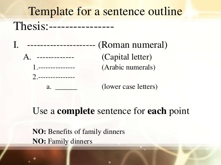 complete sentence outline essay Full-sentence outline format a that means each section of the outline is a complete sentence this outline is often used when preparing an essay or a speech. complete sentence outline essay Full-sentence outline format a that means each section of the outline is a complete sentence this outline is often used when preparing an essay or a speech.