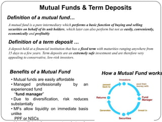 Mutual Funds & Term Deposits
Definition of a mutual fund…
A mutual fund is a pure intermediary which performs a basic function of buying and selling
securities on behalf of its unit holders, which later can also perform but not as easily, conveniently,
economically and profitably

Definition of a term deposit …
A deposit held at a financial institution that has a fixed term with maturities ranging anywhere from
15 days to a few years. Term deposits are an extremely safe investment and are therefore very
appealing to conservative, low-risk investors.



 Benefits of a Mutual Fund                                       How a Mutual Fund works
 • Mutual funds are easily affordable
 • Managed professionally            by an
 experienced fund
   “fund manager”
 • Due to diversification, risk reduces
 substantially
 • MFs allow liquidity on immediate basis
 unlike
   PPF or NSCs
 