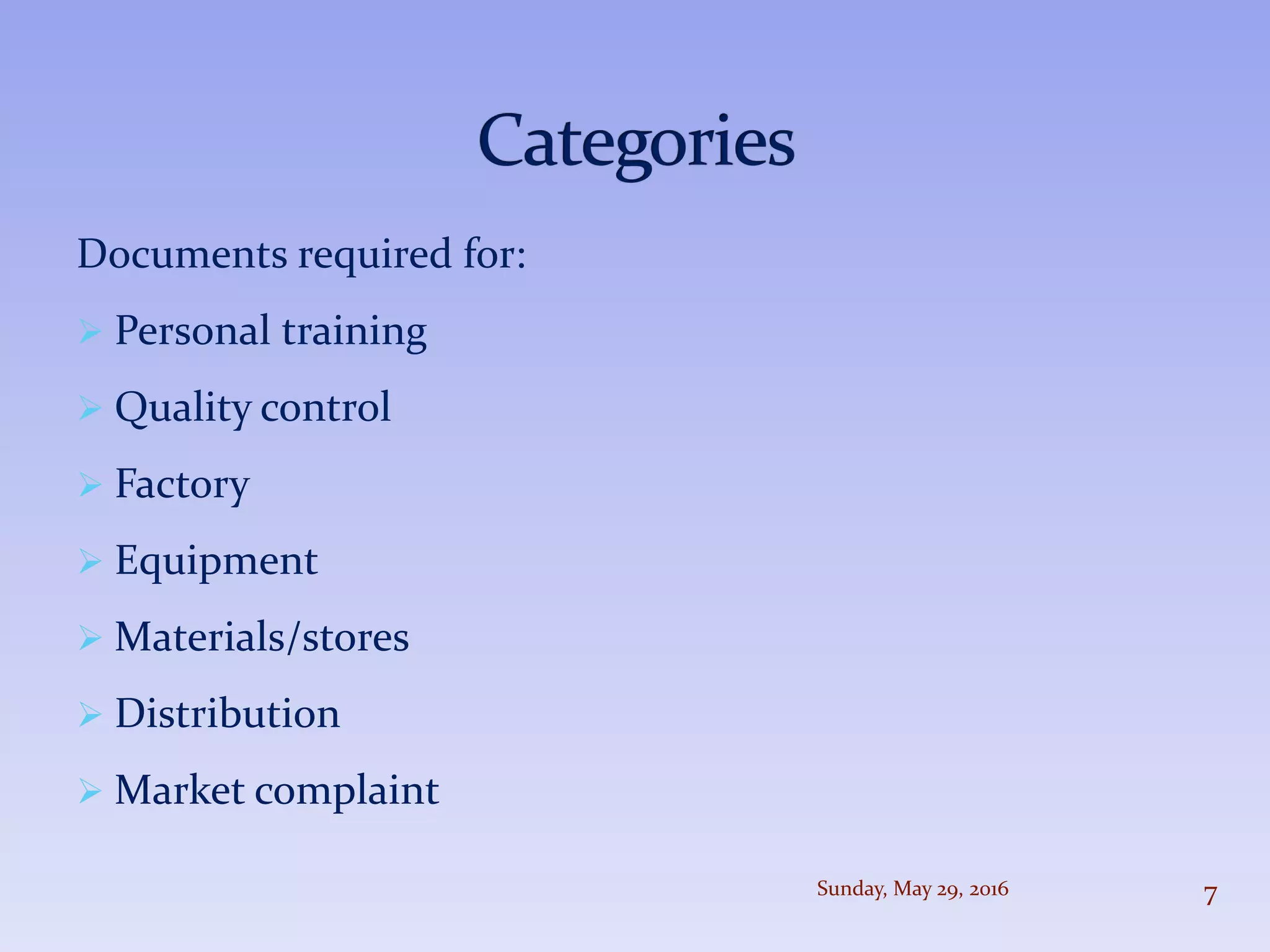 Documents required for:
 Personal training
 Quality control
 Factory
 Equipment
 Materials/stores
 Distribution
 Market complaint
Sunday, May 29, 2016 7
 