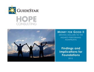 HOPE
CONSULTING

                                                          M ONEY   FOR      G OOD II
                                                          DRIVING DOLLARS TO THE
                                                            HIGHEST - PERFORMING
                                                                NONPROFITS




                                                            Findings and
                                                           Implications for
                                                             Foundations
                                                                   2012



H O P E C O N S U LT I N G a n d G U I D E S TA R U S A              #M o n e y f o r G o o d
 
