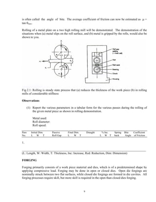 9
is often called the angle of bite. The average coefficient of friction can now be estimated as μ =
tan θmax.
Rolling of a metal plate on a two high rolling mill will be demonstrated. The demonstration of the
situations when (a) metal slips on the roll surface, and (b) metal is gripped by the rolls, would also be
shown to you.
Fig.2.1: Rolling is steady state process that (a) reduces the thickness of the work piece (b) in rolling
mills of considerable stiffness
Observations
(1) Report the various parameters in a tabular form for the various passes during the rolling of
the given metal piece as shown in rolling demonstration.
Metal used:
Roll diameter:
Roll speed:
Pass Initial Dim. Passive Final Dim. Draught % Inc. Spring Bite Coefficient
No. L W T Roll Gap L W T L W T back Angle of Friction
1.
_________________________________________________________________________________
(L: Length, W: Width, T: Thickness, Inc: Increase, Red: Reduction, Dim: Dimension)
FORGING
Forging primarily consists of a work piece material and dies, which is of a predetermined shape by
applying compressive load. Forging may be done in open or closed dies. Open die forgings are
nominally struck between two flat surfaces, while closed die forgings are formed in die cavities. All
forging processes require skill, but more skill is required in the open than closed dies forging.
 