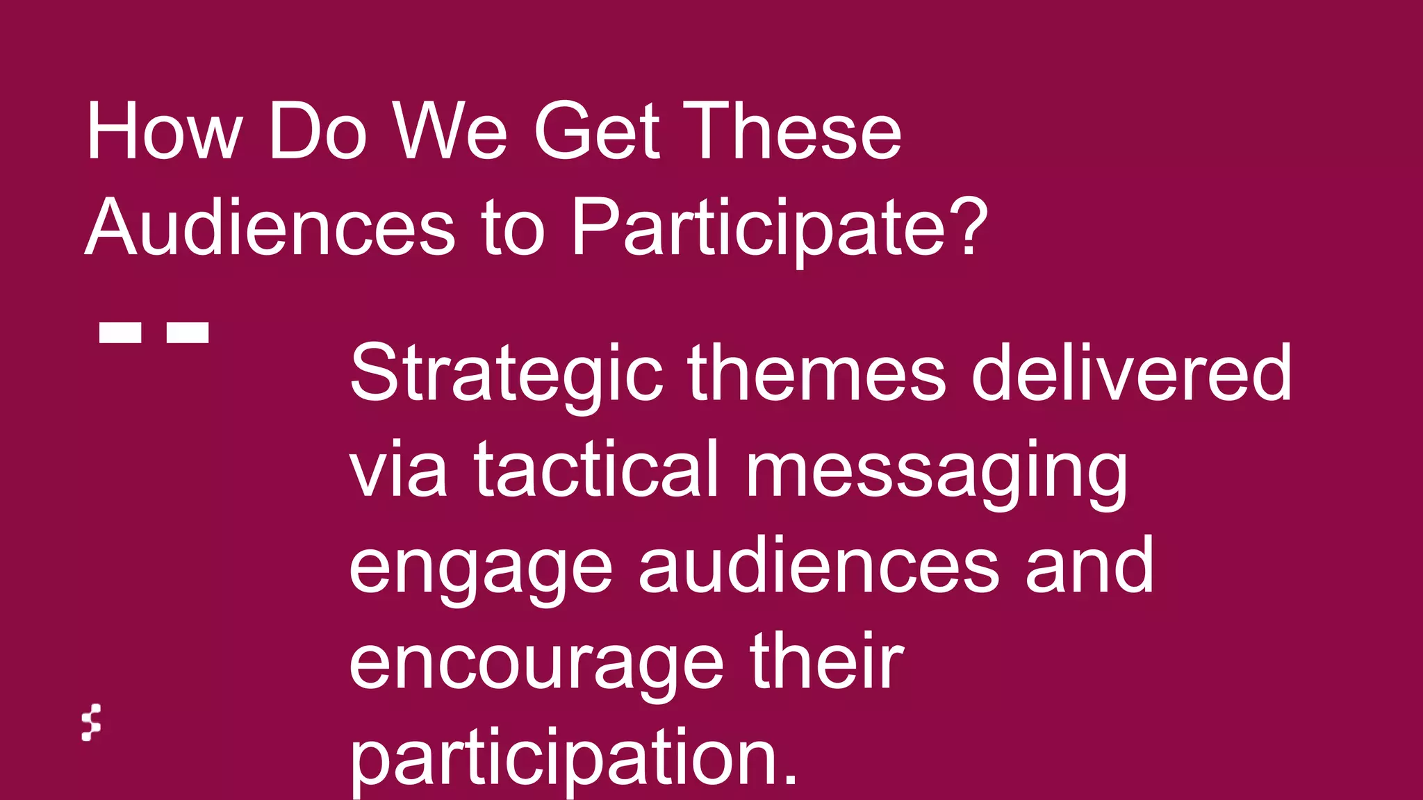 Strategic themes delivered
via tactical messaging
engage audiences and
encourage their
participation.
How Do We Get These
Audiences to Participate?
 