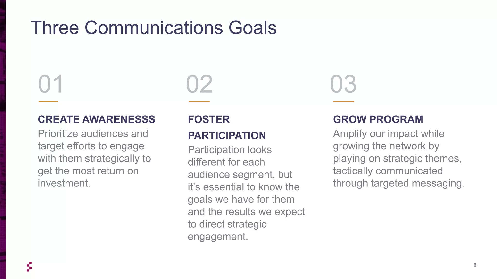 6
Three Communications Goals
CREATE AWARENESSS
Prioritize audiences and
target efforts to engage
with them strategically to
get the most return on
investment.
FOSTER
PARTICIPATION
Participation looks
different for each
audience segment, but
it’s essential to know the
goals we have for them
and the results we expect
to direct strategic
engagement.
GROW PROGRAM
Amplify our impact while
growing the network by
playing on strategic themes,
tactically communicated
through targeted messaging.
01 02 03
 