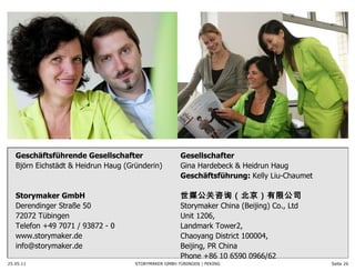 Geschäftsführende Gesellschafter Björn Eichstädt & Heidrun Haug (Gründerin) Storymaker GmbH  Derendinger Straße 50 72072 Tübingen Telefon +49 7071 / 93872 - 0 www.storymaker.de [email_address] 25.05.11 Seite  Gesellschafter Gina Hardebeck & Heidrun Haug Geschäftsführung:  Kelly Liu-Chaumet 世媒公关咨询（北京）有限公司 Storymaker China (Beijing) Co., Ltd Unit 1206,  Landmark Tower2,  Chaoyang District 100004,  Beijing, PR China      Phone +86 10 6590 0966/62 