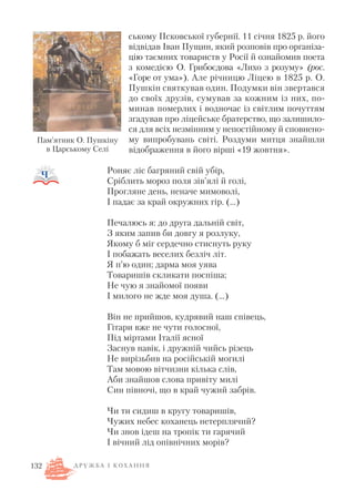 ському Псковської губернії. 11 січня 1825 р. його
відвідав Іван Пущин, який розповів про організа
цію таємних товариств у Росії й ознайомив поета
з комедією О. Грибоєдова «Лихо з розуму» (рос.
«Горе от ума»). Але річницю Ліцею в 1825 р. О.
Пушкін святкував один. Подумки він звертався
до своїх друзів, сумував за кожним із них, по
минав померлих і водночас із світлим почуттям
згадував про ліцейське братерство, що залишило
ся для всіх незмінним у непостійному й сповнено
му випробувань світі. Роздуми митця знайшли
відображення в його вірші «19 жовтня».
Роняє ліс багряний свій убір,
Сріблить мороз поля зів’ялі й голі,
Прогляне день, неначе мимоволі,
І падає за край окружних гір. (…)
Печалюсь я: до друга дальній світ,
З яким запив би довгу я розлуку,
Якому б міг сердечно стиснуть руку
І побажать веселих безліч літ.
Я п’ю один; дарма моя уява
Товаришів скликати поспіша;
Не чую я знайомої появи
І милого не жде моя душа. (…)
Він не прийшов, кудрявий наш співець,
Гітари вже не чути голосної,
Під міртами Італії ясної
Заснув навік, і дружній чийсь різець
Не вирізьбив на російській могилі
Там мовою вітчизни кілька слів,
Аби знайшов слова привіту милі
Син півночі, що в край чужий забрів.
Чи ти сидиш в кругу товаришів,
Чужих небес коханець нетерплячий?
Чи знов ідеш на тропік ти гарячий
І вічний лід опівнічних морів?
132 Д Р У Ж Б А І К О Х А Н Н Я
Пам’ятник О. Пушкіну
в Царському Селі
 