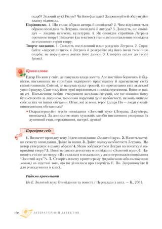 скарб? Золотий жук? Розум? Чи його фантазія? Запропонуйте й обґрунтуйте
власну відповідь.
Порівнюємо. 1. Що єднає образи автора й оповідача? 2. Чим відрізняються
образи оповідача та Леграна, оповідача й автора? 3. Доведіть, що опові
дач — людина освічена, культурна. 4. Як оповідач сприймав Леграна
протягом твору? Визначте (за текстом) етапи зміни ставлення оповідача
до головного героя твору.
Творче завдання. 1. Складіть послідовний план роздумів Леграна. 2. Спро
буйте «перевтілитися» в Леграна й розкрийте від його імені таємницю
скарбу, не порушуючи логіки його думки. 3. Створіть епілог до твору
(усно).
Краса слова
Едгар По жив у світі, де панувала влада золота. Але постійно борючись із бід
ністю, письменник не сприймав надмірного практицизму й прагматизму своїх
співвітчизників. Світові, де панував культ грошей, він протиставив світ людської
уяви й розуму. Саме тому його герої вирізняються з поміж середовища. Вони не такі,
як усі. Письменник любив створювати загадкові ситуації, але ще цікавіше йому
було стежити за людиною, таємними порухами душі особистості, як вона виявляє
себе за тих чи інших обставин. Отже, які ж вони, герої Едгара По — люди у «най
винятковіших обставинах?
• Охарактеризуйте героїв оповідання «Золотий жук» (Леграна, Джупітера,
оповідача). За допомогою яких художніх засобів письменник розкриває їх
душевний стан, переживання, настрої, думки?
Перевірте себе
1. Визначте провідну тему й ідею оповідання «Золотий жук». 2. Назвіть части
ни сюжету оповідання. Дайте їм назви. 3. Дайте оцінку особистості Леграна. Що
автор утверджує в цьому образі? 4. Яким зображується Легран на початку й на
прикінці твору? 5. Виявіть ознаки детективу в оповіданні «Золотий жук». 6. На
пишіть епілог до твору: «Як склалася в подальшому доля персонажів оповідання
“Золотий жук”?». 7. Створіть власну криптограму (українською або англійською
мовою) на підставі того, що ви дізналися про творчість Е. По. Запропонуйте її
для розгадування в класі..
Радимо прочитати
По Е. Золотий жук: Оповідання та повісті / Переклади з англ. — К., 2001.
Л І Т Е Р А Т У Р Н И Й Д Е Т Е К Т И В198
 