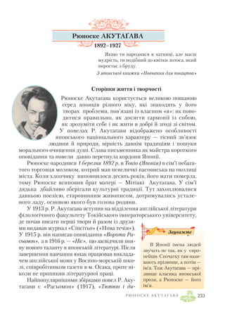 Р Ю Н О С К Е А К У Т А Ґ А В А 233
Рюноске АКУТАҐАВА
1892–1927
Якщо ти народився в хатинці, але маєш
мудрість, ти подібний до квітки лотоса, який
виростає з бруду.
З японської книжки «Повчання для юнацтва»
Сторінки життя і творчості
Рюноске Акутаґава користується великою пошаною
серед японців різного віку, які знаходять у його
творах проблеми, пов’язані із власним «я»: як пово
дитися правильно, як досягти гармонії із собою,
як зрозуміти себе і як жити в добрі й згоді зі світом.
У новелах Р. Акутаґави відображено особливості
японського національного характеру — тісний зв’язок
людини й природи, вірність давнім традиціям і пошуки
морального очищення душі. Слава письменника як майстра короткого
оповідання та новели давно перетнула кордони Японії.
Рюноске народився 1 березня 1892 р. в Токіо (Японія) в сім’ї небага
того торговця молоком, котрий мав невеличкі пасовиська на околиці
міста. Коли хлопчику виповнилося десять років, його мати померла,
тому Рюноске всиновив брат матері — Мітіакі Акутаґава. У сім’ї
дядька дбайливо зберігали культурні традиції. Тут захоплювалися
давньою поезією, старовинним живописом, дотримувались устале
ного ладу, основою якого був голова родини.
У 1913 р. Р. Акутаґава вступив на відділення англійської літератури
філологічного факультету Токійського імператорського університету,
де почав писати перші твори й разом із друзя
ми видавав журнал «Сінсітьо» («Нова течія»).
У 1915 р. він написав оповідання «Ворота Ра
сьомон», а в 1916 р. — «Ніс», що засвідчили поя
ву нового таланту в японській літературі. Після
завершення навчання юнак працював виклада
чем англійської мови у Воєнно морській шко
лі, співробітником газети в м. Осака, проте ні
коли не припиняв літературної праці.
Найпопулярнішими збірками новел Р. Аку
таґави є «Расьомон» (1917), «Тютюн і ди
В Японії імена людей
звучать не так, як у євро
пейців. Спочатку там нази
вають прізвище, а потім —
ім’я. Тож Акутаґава — прі
звище класика японської
прози, а Рюноске — його
ім’я.
Зауважте
 