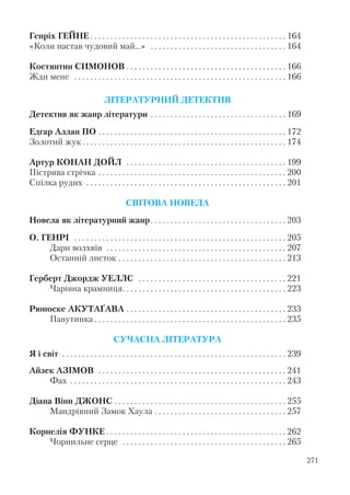 Генріх ГЕЙНЕ . . . . . . . . . . . . . . . . . . . . . . . . . . . . . . . . . . . . . . . . . . . . . . . . . 164
«Коли настав чудовий май…» . . . . . . . . . . . . . . . . . . . . . . . . . . . . . . . . . . 164
Костянтин СИМОНОВ . . . . . . . . . . . . . . . . . . . . . . . . . . . . . . . . . . . . . . . . 166
Жди мене . . . . . . . . . . . . . . . . . . . . . . . . . . . . . . . . . . . . . . . . . . . . . . . . . . . . . 166
ЛІТЕРАТУРНИЙ ДЕТЕКТИВ
Детектив як жанр літератури . . . . . . . . . . . . . . . . . . . . . . . . . . . . . . . . . . 169
Едгар Аллан ПО . . . . . . . . . . . . . . . . . . . . . . . . . . . . . . . . . . . . . . . . . . . . . . . 172
Золотий жук . . . . . . . . . . . . . . . . . . . . . . . . . . . . . . . . . . . . . . . . . . . . . . . . . . . 174
Артур КОНАН ДОЙЛ . . . . . . . . . . . . . . . . . . . . . . . . . . . . . . . . . . . . . . . . 199
Пістрява стрічка . . . . . . . . . . . . . . . . . . . . . . . . . . . . . . . . . . . . . . . . . . . . . . . 200
Спілка рудих . . . . . . . . . . . . . . . . . . . . . . . . . . . . . . . . . . . . . . . . . . . . . . . . . . 201
СВІТОВА НОВЕЛА
Новела як літературний жанр. . . . . . . . . . . . . . . . . . . . . . . . . . . . . . . . . . 203
О. ГЕНРІ . . . . . . . . . . . . . . . . . . . . . . . . . . . . . . . . . . . . . . . . . . . . . . . . . . . . . 205
Дари волхвів . . . . . . . . . . . . . . . . . . . . . . . . . . . . . . . . . . . . . . . . . . . . . 207
Останній листок . . . . . . . . . . . . . . . . . . . . . . . . . . . . . . . . . . . . . . . . . . 213
Герберт Джордж УЕЛЛС . . . . . . . . . . . . . . . . . . . . . . . . . . . . . . . . . . . . . 221
Чарівна крамниця. . . . . . . . . . . . . . . . . . . . . . . . . . . . . . . . . . . . . . . . . 223
Рюноске АКУТАҐАВА . . . . . . . . . . . . . . . . . . . . . . . . . . . . . . . . . . . . . . . . 233
Павутинка . . . . . . . . . . . . . . . . . . . . . . . . . . . . . . . . . . . . . . . . . . . . . . . . 235
СУЧАСНА ЛІТЕРАТУРА
Я і світ . . . . . . . . . . . . . . . . . . . . . . . . . . . . . . . . . . . . . . . . . . . . . . . . . . . . . . . . 239
Айзек АЗІМОВ . . . . . . . . . . . . . . . . . . . . . . . . . . . . . . . . . . . . . . . . . . . . . . . 241
Фах . . . . . . . . . . . . . . . . . . . . . . . . . . . . . . . . . . . . . . . . . . . . . . . . . . . . . . 243
Діана Вінн ДЖОНС . . . . . . . . . . . . . . . . . . . . . . . . . . . . . . . . . . . . . . . . . . . 255
Мандрівний Замок Хаула . . . . . . . . . . . . . . . . . . . . . . . . . . . . . . . . . 257
Корнелія ФУНКЕ . . . . . . . . . . . . . . . . . . . . . . . . . . . . . . . . . . . . . . . . . . . . . 262
Чорнильне серце . . . . . . . . . . . . . . . . . . . . . . . . . . . . . . . . . . . . . . . . . 265
271
 