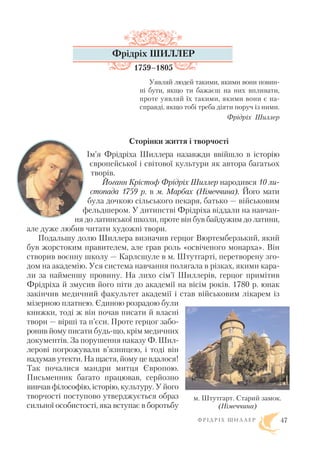 Уявляй людей такими, якими вони повин
ні бути, якщо ти бажаєш на них впливати,
проте уявляй їх такими, якими вони є на
справді, якщо тобі треба діяти поруч із ними.
Фрідріх Шиллер
Сторінки життя і творчості
Ім’я Фрідріха Шиллера назавжди ввійшло в історію
європейської і світової культури як автора багатьох
творів.
Йоганн Крістоф Фрідріх Шиллер народився 10 ли
стопада 1759 р. в м. Марбах (Німеччина). Його мати
була дочкою сільського пекаря, батько — військовим
фельдшером. У дитинстві Фрідріха віддали на навчан
ня до латинської школи, проте він був байдужим до латини,
але дуже любив читати художні твори.
Подальшу долю Шиллера визначив герцог Вюртемберзький, який
був жорстоким правителем, але грав роль «освіченого монарха». Він
створив воєнну школу — Карлсшуле в м. Штутгарті, перетворену зго
дом на академію. Уся система навчання полягала в різках, якими кара
ли за найменшу провину. На лихо сім’ї Шиллерів, герцог примітив
Фрідріха й змусив його піти до академії на вісім років. 1780 р. юнак
закінчив медичний факультет академії і став військовим лікарем із
мізерною платнею. Єдиною розрадою були
книжки, тоді ж він почав писати й власні
твори — вірші та п’єси. Проте герцог забо
ронив йому писати будь що, крім медичних
документів. За порушення наказу Ф. Шил
лерові погрожували в’язницею, і тоді він
надумав утекти. На щастя, йому це вдалося!
Так почалися мандри митця Європою.
Письменник багато працював, серйозно
вивчав філософію, історію, культуру. У його
творчості поступово утверджується образ
сильної особистості, яка вступає в боротьбу
Ф Р І Д Р І Х Ш И Л Л Е Р
Фрідріх ШИЛЛЕР
1759–1805
м. Штутгарт. Старий замок.
(Німеччина)
47
 