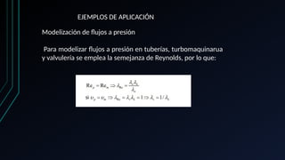 EJEMPLOS DE APLICACIÓN
Modelización de flujos a presión
Para modelizar flujos a presión en tuberías, turbomaquinarua
y valvulería se emplea la semejanza de Reynolds, por lo que:
 
