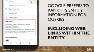 MobileMoxie.com/MozCon
GOOGLE PREFERS TO
RANK IT’S ENTITY
INFORMATION FOR
QUERIES
INCLUDING WEB
LINKS WITHINTHE
ENTITY
@SUZZICKS #digitalzone
 