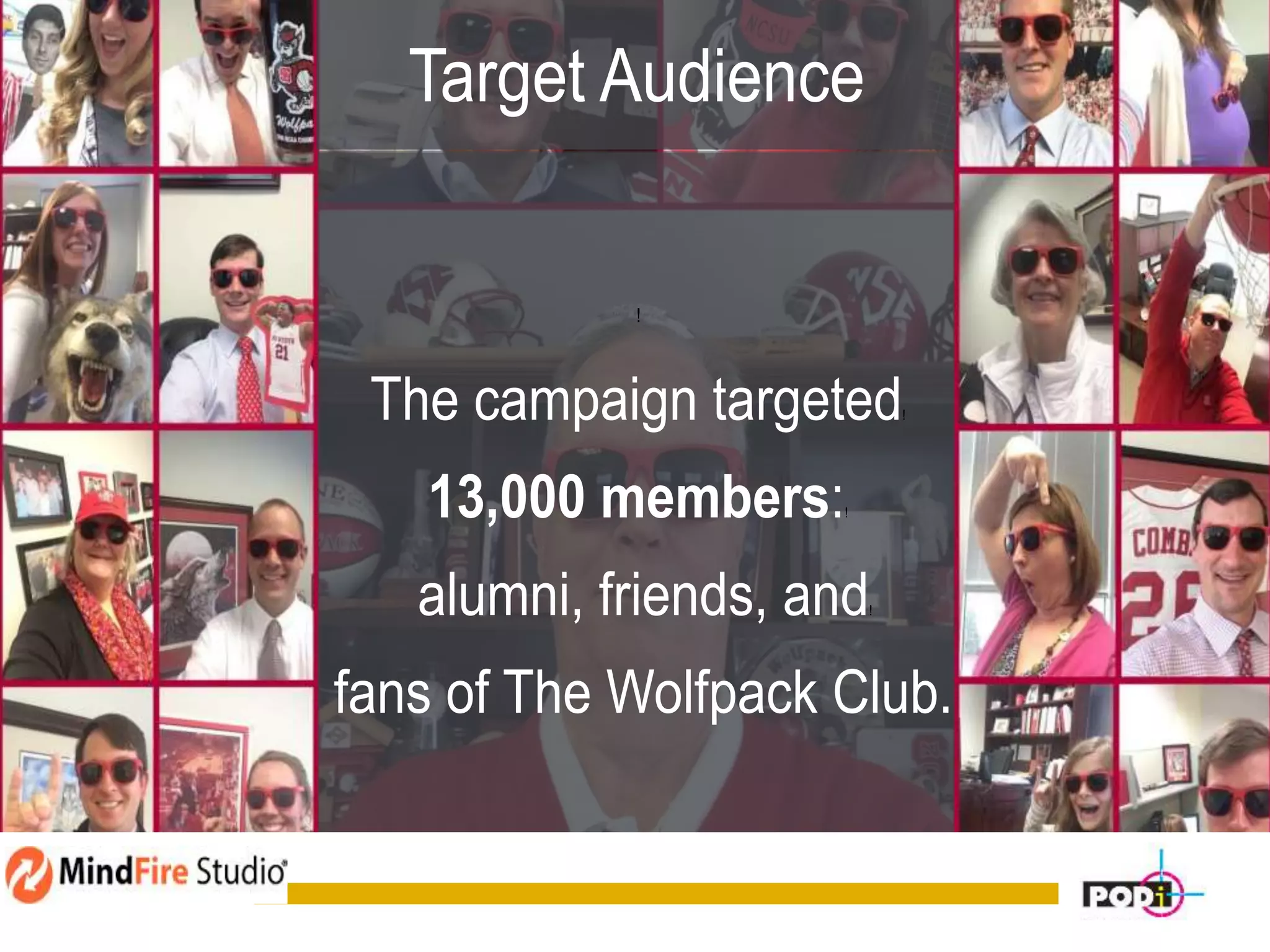Target Audience
!
The campaign targeted!
13,000 members:!
alumni, friends, and!
fans of The Wolfpack Club.
 