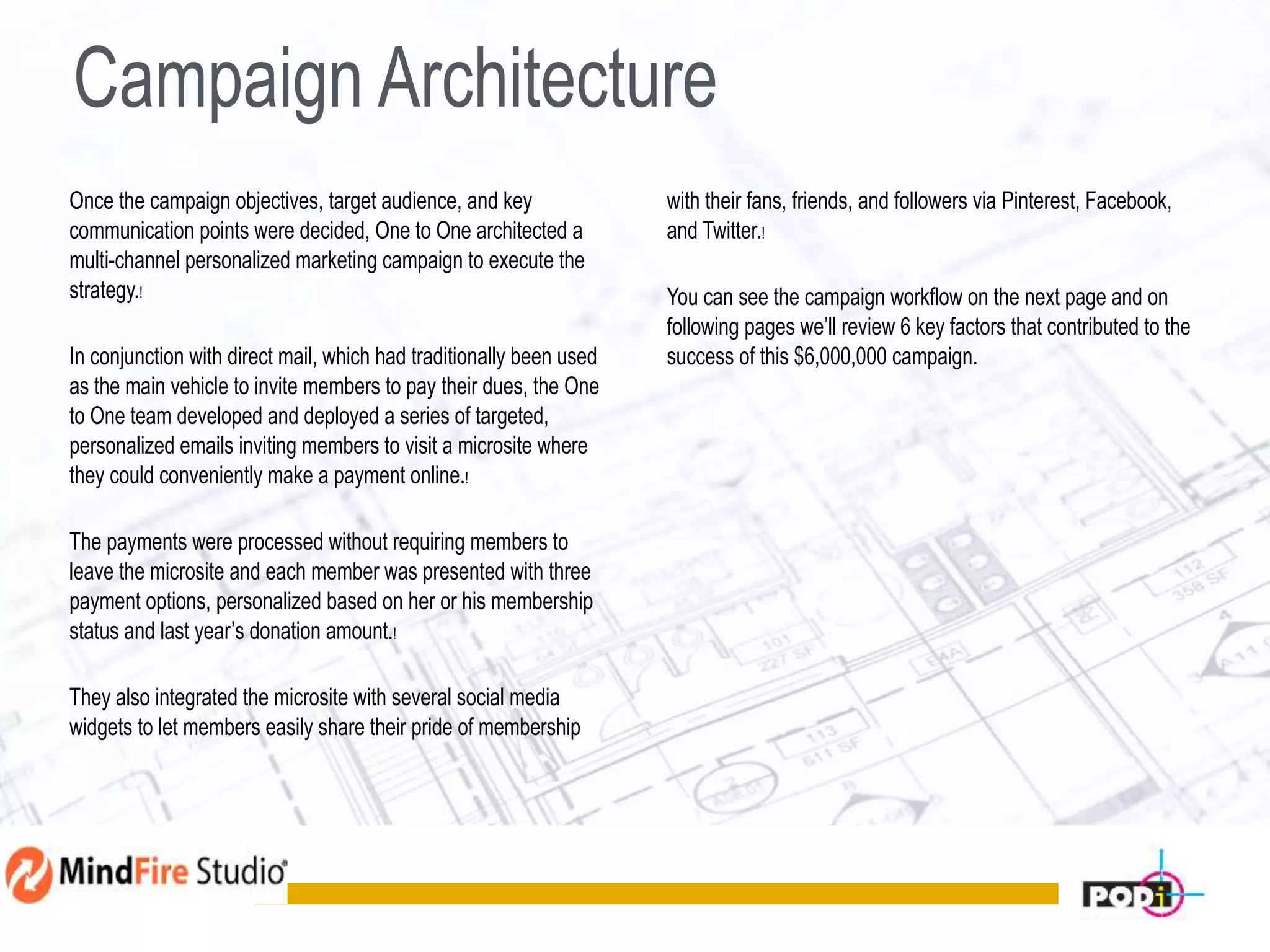Campaign Architecture
Once the campaign objectives, target audience, and key
communication points were decided, One to One architected a
multi-channel personalized marketing campaign to execute the
strategy.!
In conjunction with direct mail, which had traditionally been used
as the main vehicle to invite members to pay their dues, the One
to One team developed and deployed a series of targeted,
personalized emails inviting members to visit a microsite where
they could conveniently make a payment online.!
The payments were processed without requiring members to
leave the microsite and each member was presented with three
payment options, personalized based on her or his membership
status and last year’s donation amount.!
They also integrated the microsite with several social media
widgets to let members easily share their pride of membership
with their fans, friends, and followers via Pinterest, Facebook,
and Twitter.!
You can see the campaign workflow on the next page and on
following pages we’ll review 6 key factors that contributed to the
success of this $6,000,000 campaign.
8
 