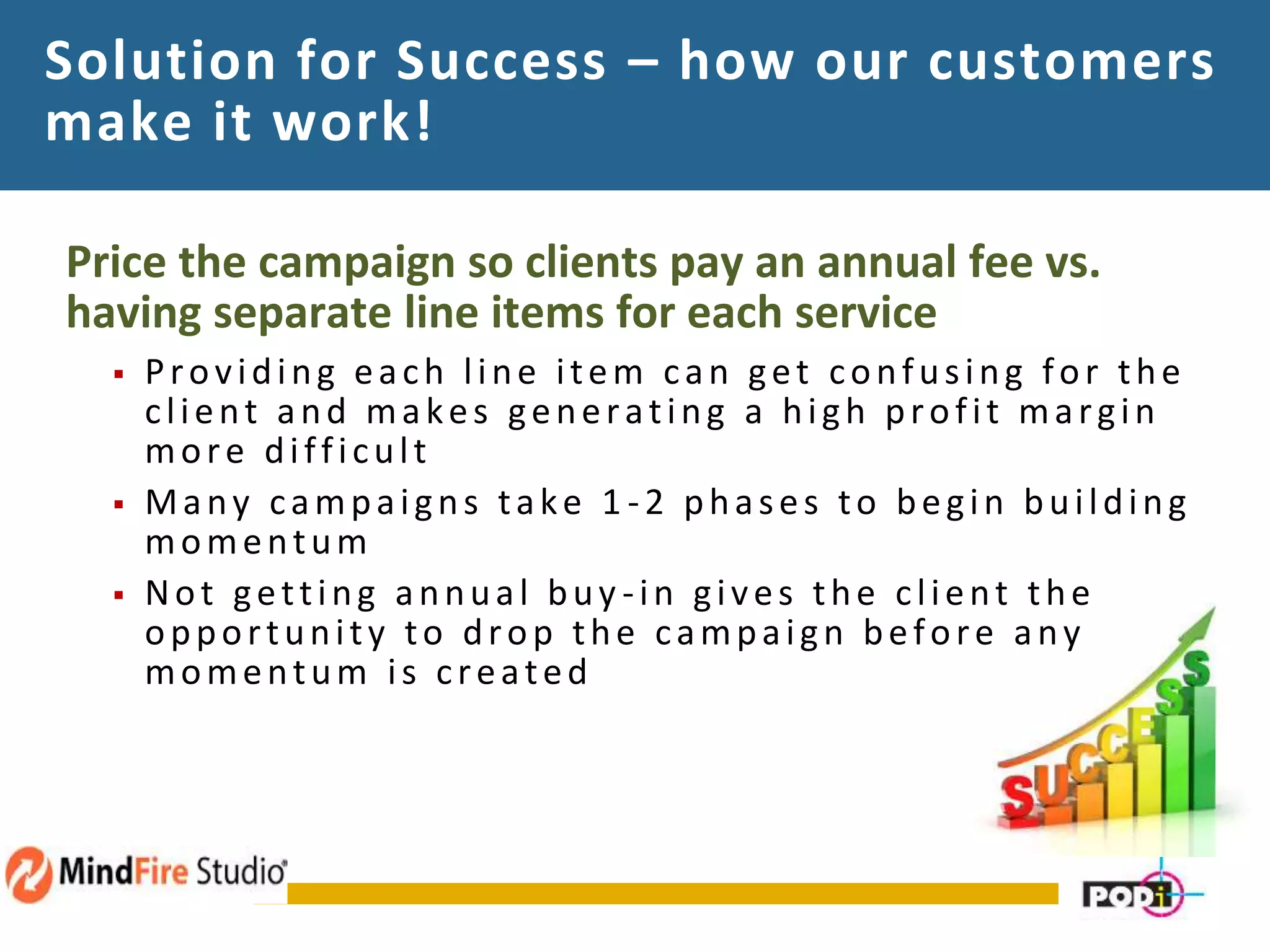 Solution for Success – how our customers
make it work!
Price the campaign so clients pay an annual fee vs.
having separate line items for each service
 Providing each line item can get confusing for the
client and makes generating a high profit margin
more difficult
 Many campaigns take 1 -2 phases to begin building
momentum
 Not getting annual buy -in gives the client the
opportunity to drop the campaign before any
momentum is created
 