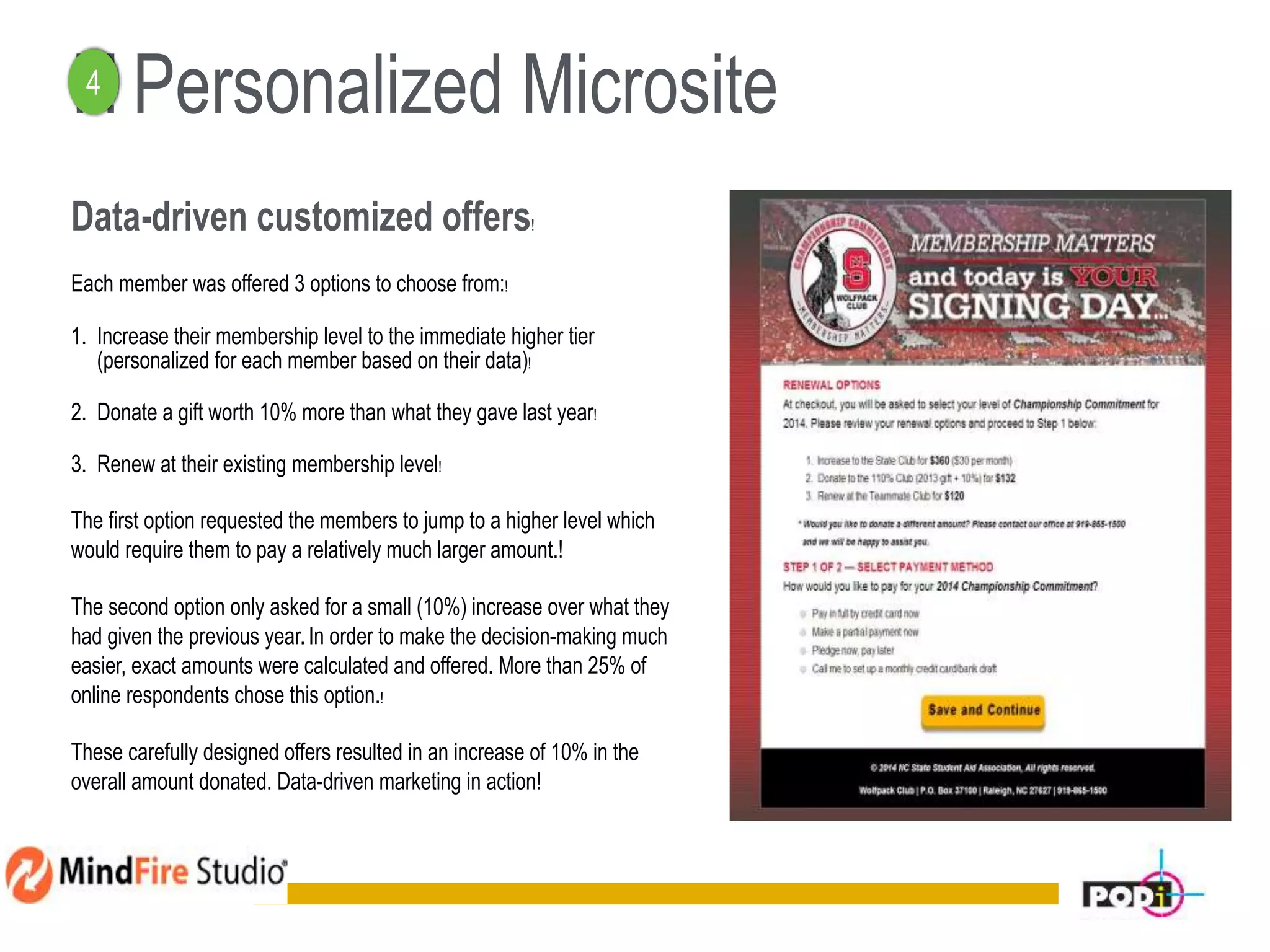 ! ! Personalized Microsite
Data-driven customized offers!
Each member was offered 3 options to choose from:!
1. Increase their membership level to the immediate higher tier
(personalized for each member based on their data)!
2. Donate a gift worth 10% more than what they gave last year!
3. Renew at their existing membership level!
The first option requested the members to jump to a higher level which
would require them to pay a relatively much larger amount.!
The second option only asked for a small (10%) increase over what they
had given the previous year.In order to make the decision-making much
easier, exact amounts were calculated and offered. More than 25% of
online respondents chose this option.!
These carefully designed offers resulted in an increase of 10% in the
overall amount donated. Data-driven marketing in action!
14
4
 