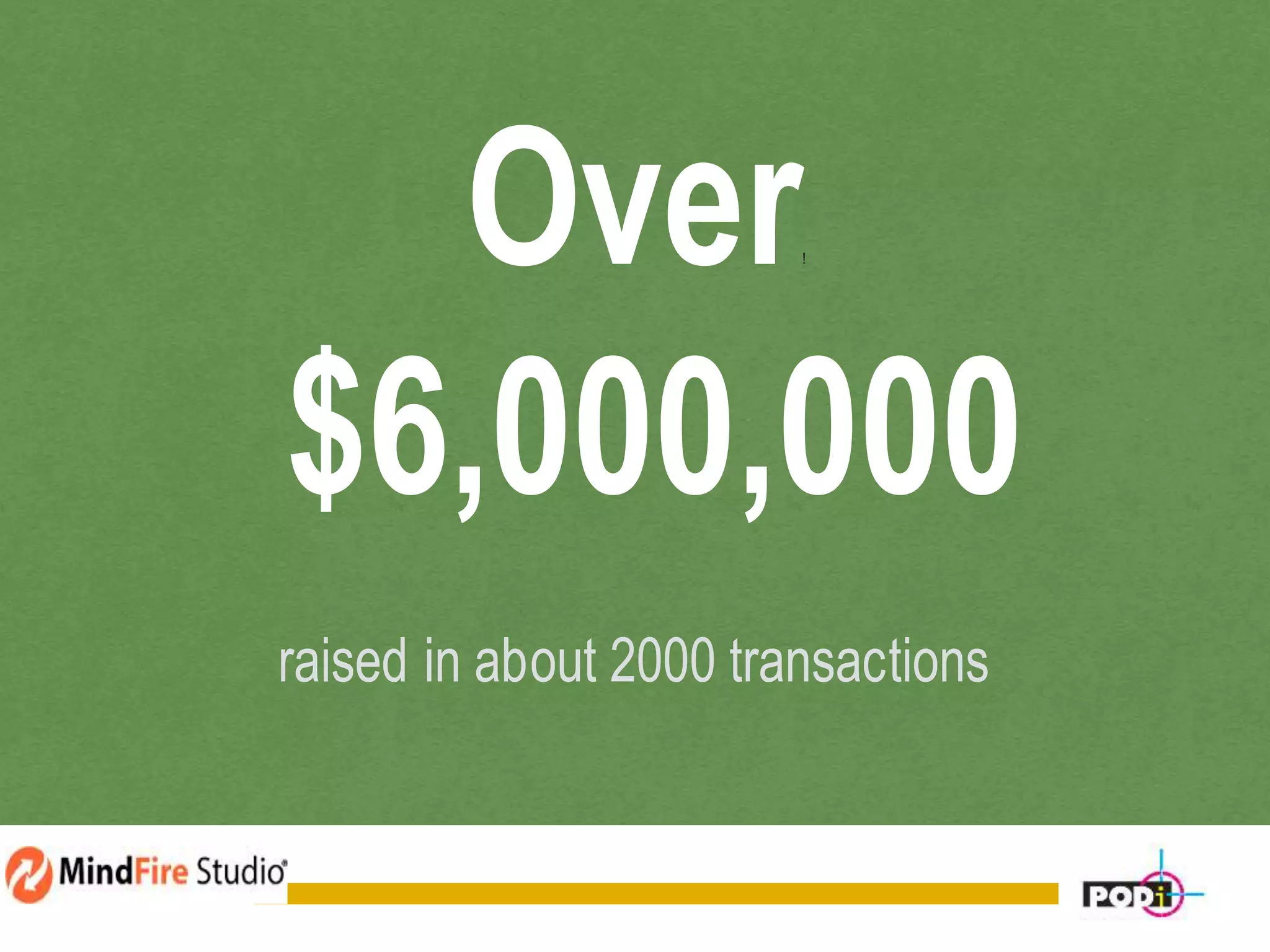 Over!
$6,000,000
raised in about 2000 transactions
 