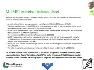 MUMFI exercise: balance sheet
A researcher interviews MUMFI’s manager on 31st March, 2010 and first collects the information she
needs to construct a balance sheet.

• An international donor agency provided a capital grant of $2,000,000 to start MUMFI.
• They borrowed another $1,500,000 from a local development bank at start up and put it into a one
  year fixed term deposit account in a local commercial bank.
• MUMFI head office has four Land Cruisers and each field office has two motorcycles. The value of all
  these vehicles on 31st March is $300,000.
• The computers and furniture in the offices are worth $200,000.
• MUMFI organise their clients into groups and so far they have 500 self help groups with a total of
  10,000 members. Group members are required to save and during this first year of operation the
  average total deposits were $500,000.
• During the year, MUMFI had an average amount of loans outstanding with clients (the loan portfolio)
  of $1,000,000.
• The total of cash and current account balances held with banks on 31st March is $500,000.

Fill out the balance sheet for MUMFI. If the assets are greater than the liabilities, then
you must enter a figure “for retained profit” to make it balance. If liabilities are greater
than the assets, then the balancing figure is negative and represents accumulated losses.
 