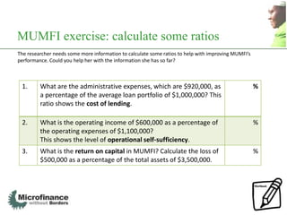 MUMFI exercise: calculate some ratios
The researcher needs some more information to calculate some ratios to help with improving MUMFI’s
performance. Could you help her with the information she has so far?



 1.      What are the administrative expenses, which are $920,000, as                                %
         a percentage of the average loan portfolio of $1,000,000? This
         ratio shows the cost of lending.

 2.      What is the operating income of $600,000 as a percentage of                                 %
         the operating expenses of $1,100,000?
         This shows the level of operational self-sufficiency.
 3.      What is the return on capital in MUMFI? Calculate the loss of                               %
         $500,000 as a percentage of the total assets of $3,500,000.
 