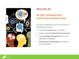 What We Do




                                                                                   •
                                                                                   •
                                                                                   •


                                                                                   •




        © 2013 Miles Finch Innovation, LLC
P. 02   Idea Climate Equation® and its design are registered trademarks of Miles Finch Innovation, LLC
 