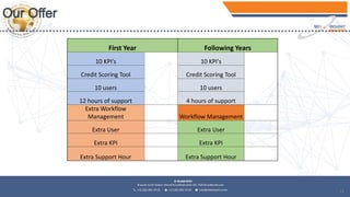 13
First Year Following Years
10 KPI's 10 KPI's
Credit Scoring Tool Credit Scoring Tool
10 users 10 users
12 hours of support 4 hours of support
Extra Workflow
Management Workflow Management
Extra User Extra User
Extra KPI Extra KPI
Extra Support Hour Extra Support Hour
 