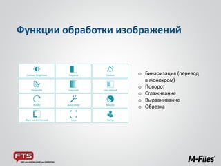 Функции обработки изображений
o Бинаризация (перевод
в монохром)
o Поворот
o Сглаживание
o Выравнивание
o Обрезка
 