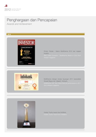 .8
Tahunan
2012 LaporanReport
Annual

Penghargaan dan Pencapaian
Awards and Achievement

2012

Emiten Terbaik - Sektor Multifinance 2012 dari majalah
Investor.
Best Listed Company - Multifinance Sector in 2012 from
Investor magazine.

Multifinance dengan kinerja keuangan 2011 berpredikat
Sangat Bagus dari Majalah Infobank.
Multifinance with Very Good financial performance in 2011
from Infobank magazine.

Golden Trophy Award dari InfoBank.
Golden Trophy Award from InfoBank.

 